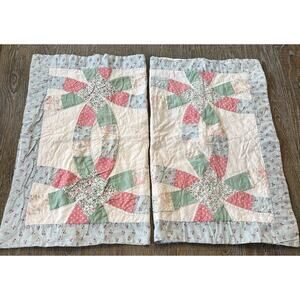 VTG Quilted Patchwork Pillow Shams Set Of 2 Hand Stitched Queen Wedding Rings